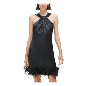 ELIZA J Womens Black Twisted Neck Feather Trim Sleeveless Short Shift Dress 4